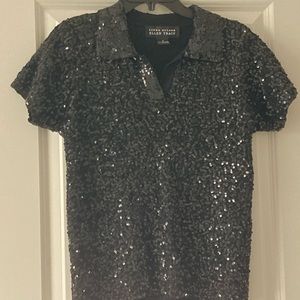 Ellen Tracy Black Sequin Short Sleeve Polo Top